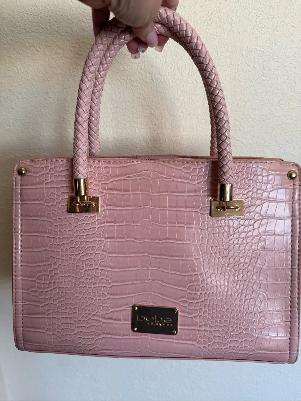bebe Blush Pink Croc-Embossed Braided-Handle Satchel
